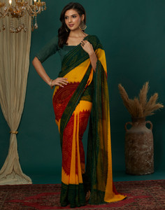 Samah Embellished Bandhani Georgette, Lace Saree