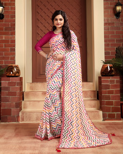 Silkra Striped, Embellished, Printed, Woven, Self Design Leheria Georgette, Silk Blend Saree