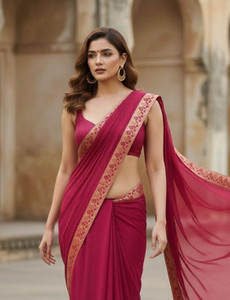 Offirra International Self Design, Solid/Plain Bollywood Lycra Blend Saree