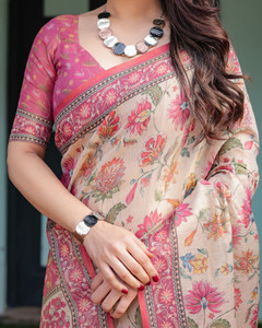 ALMAARI FASHION Floral Print Handloom Cotton Linen Saree