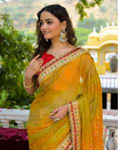 Satrani Printed, Embroidered, Embellished Bandhani Chiffon Saree
