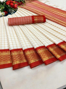 KanjiQueen Checkered Jamdani Silk Blend, Cotton Blend Saree