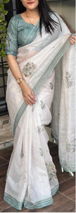 TANURI Floral Print Kantha Cotton Linen Saree