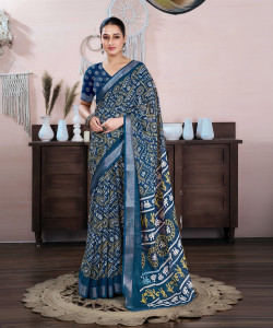 Samah Printed Kalamkari Linen, Cotton Blend Saree
