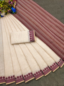 MUSHAK बुना हुआ, टेंपल बॉर्डर, धारीदार, फ्लोरल प्रिंट, सॉलिड/प्लेन गडवाल कॉटन सिल्क साड़ी