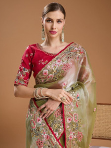 SareezaaStore Embroidered Bollywood Organza Saree Green - Image 6