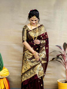 KanjiQueen Woven, Self Design Banarasi Silk Blend, Pure Silk Saree