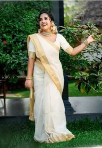 HouseOfCommon Solid/Plain Kasavu Cotton Linen Saree