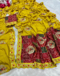 nirave fashion Printed, Embroidered, Embellished, Checkered Bandhani Chiffon Saree