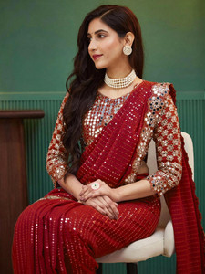 Satrani Embellished, Embroidered, Self Design Bollywood Georgette Saree