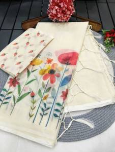 PRT Floral Print Bollywood Cotton Linen Saree