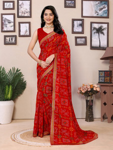 Sareezaa Geometric Print, Printed, Embellished Bandhani Georgette Saree