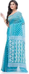 Desh Bidesh Embroidered, Woven, Self Design Jamdani Handloom Cotton Blend, Pure Cotton Saree