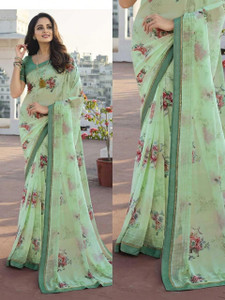 MEETVIN COUTURE Printed, Self Design, Graphic Print, Floral Print, Checkered, Solid/Plain Bollywood Georgette, Chiffon Saree
