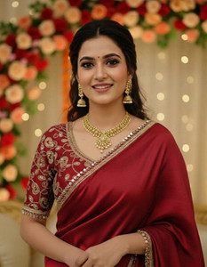 FOMIKA Embroidered, Solid/Plain Bollywood Satin, Silk Blend Saree