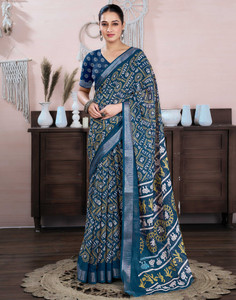 Samah Embellished, Printed Daily Wear Linen, Cotton Blend Saree