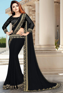 HNC Retail Temple Border, Solid/Plain Bollywood Lycra Blend, Chiffon Saree