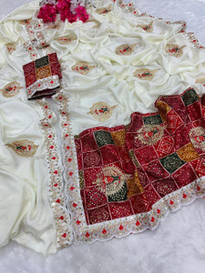 nirave fashion Printed, Embroidered, Embellished, Checkered Bandhani Chiffon Saree