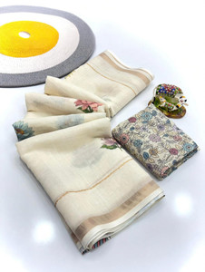 V KAPIL AND CO Printed Chanderi Linen Saree