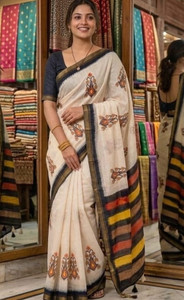 p fashion सॉलिड/प्लेन तांत प्योर कॉटन साड़ी