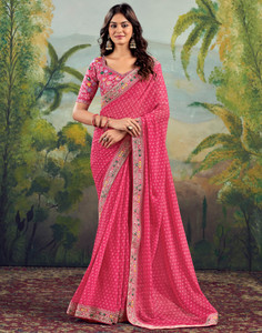 Samah Embellished, Embroidered, Printed Bandhani Georgette, Lace Saree