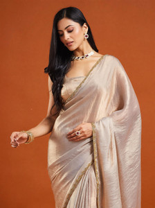 QVIDYA Embellished, Solid/Plain Bollywood Silk Blend, Nylon Saree