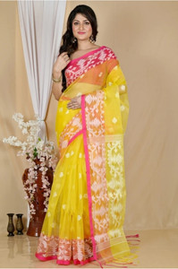 Basak saree Woven, Temple Border, Self Design Bollywood Muslin Saree