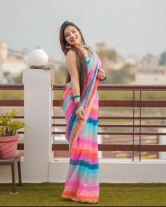 THESIYA FAB Printed, Self Design, Digital Print, Color Block, Blocked Printed, Woven, Checkered Daily Wear Georgette Saree