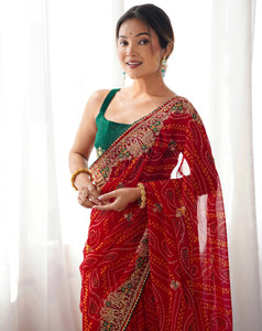 Satrani Printed, Embroidered, Embellished Bollywood Georgette, Lace Saree