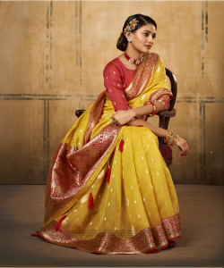 Satrani Self Design, Woven, Embellished Banarasi Cotton Silk, Silk Blend Saree