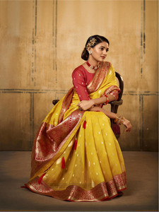 Satrani Self Design, Woven, Embellished Banarasi Cotton Silk, Silk Blend Saree