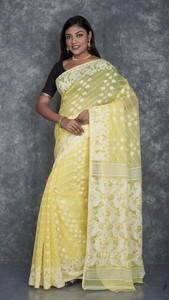 tantial Woven, Floral Print, Self Design Jamdani Cotton Silk Saree