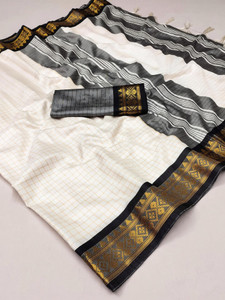 FashionPallavi Woven, Embellished, Self Design, Striped Baluchari Cotton Silk, Jacquard Saree