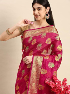 Navanari Embellished, Printed, Self Design, Woven, Blocked Printed Daily Wear Organza, Jacquard Saree