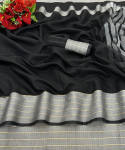 Vikash fab Solid/Plain Kasavu Cotton Linen Saree