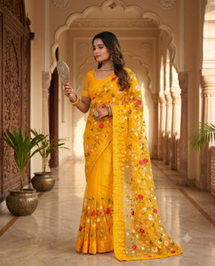ORNITA Embroidered Bollywood Net Yellow Saree - Image 1