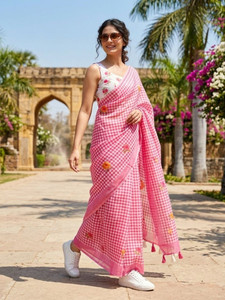 nirave fashion Checkered, Floral Print Daily Wear Cotton Linen Saree