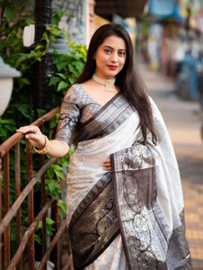 ZILVIRA बुना हुआ कांजीवरम प्योर सिल्क, जैकर्ड साड़ी