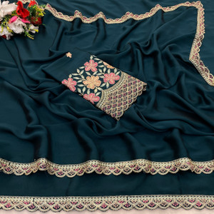 K 5 FASHION Self Design, Solid/Plain, Embroidered Bollywood Chiffon Saree