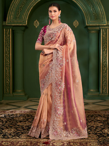 House of Pataudi Embroidered, Floral Print, Self Design Bollywood Tissue Saree