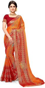 PinkEVE Printed, Embroidered Bandhani Chiffon, Brasso Saree
