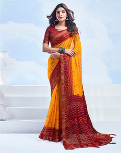 SIRIL Geometric Print, Printed, Embellished Bandhani Georgette, Chiffon Saree