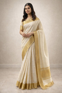MORPEENCH TRENDS Solid/Plain, Woven Kasavu Silk Blend, Tussar Silk Saree