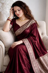 Sijileen बुना हुआ, सॉलिड/प्लेन बनारसी साटन साड़ी