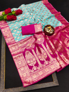 DURGA TEXTILE Printed, Self Design, Embellished, Woven, Geometric Print Banarasi Jacquard, Linen Saree