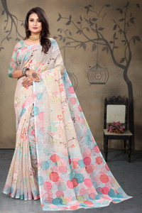 SareeFactory Woven, Digital Print, Printed, Floral Print, Graphic Print, Geometric Print Daily Wear Linen, Cotton Linen Saree