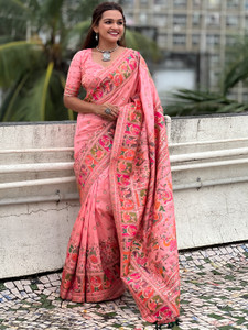 Nayanthara Trends बुना हुआ साड़ी विथ अटैच्ड ब्लाउज़ सेमी-पश्मीना साड़ी
