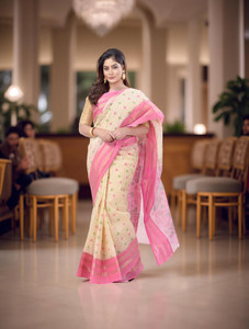 TANTLOOM Woven, Paisley, Temple Border Tant Handloom Pure Cotton Saree