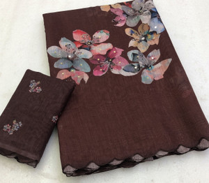 SILKORA Printed, Floral Print, Embellished Bollywood Linen Saree