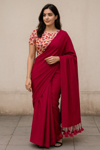 TARAMAACREATION Solid/Plain Kalamkari Handloom Pure Cotton Saree